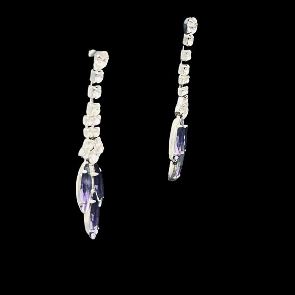 Vintage Silver Tone With Purple And Clear Glass Rhinestones Pierced Earrings - Picture 4 of 7